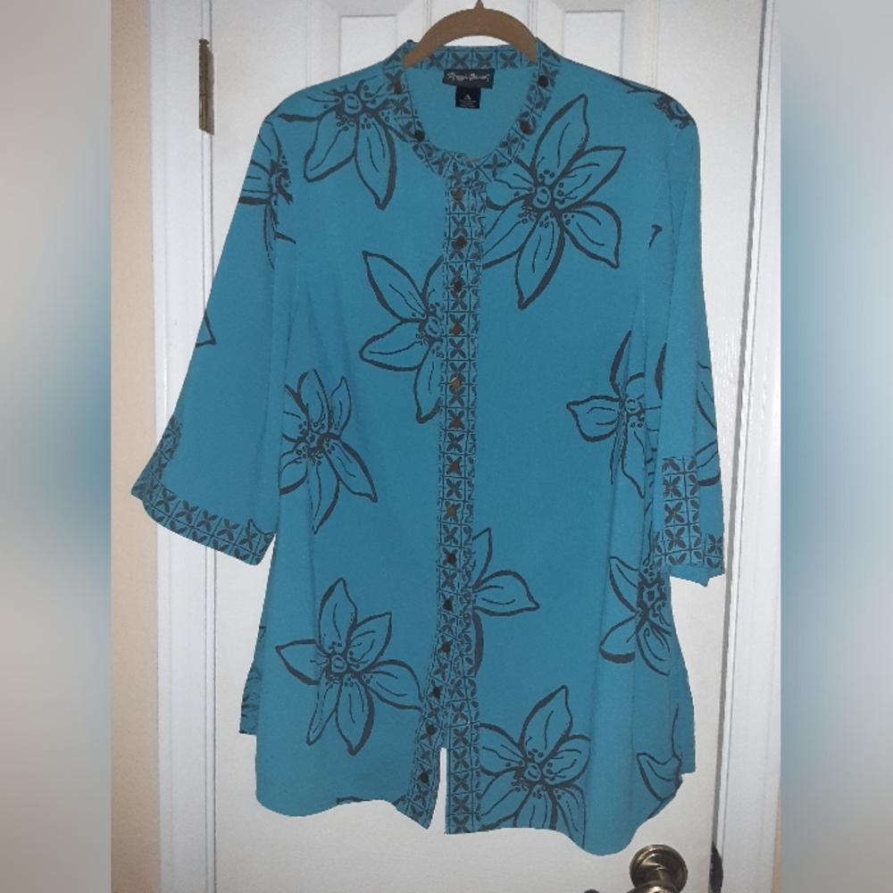 0x (14-16) Maggie Batnes Madarin Collar Inspired Button Up Teal Floral Crepe Top